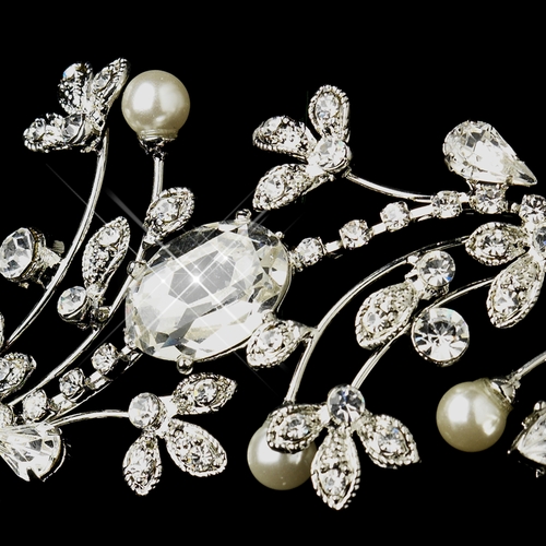 Antique Silver Diamond White Pearl & Marquise Crystal Side