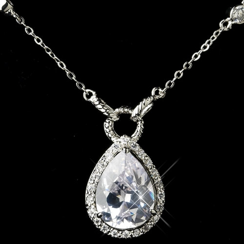 Antique Silver Clear CZ Pear Cut Necklace & Earrings Jewelry Set