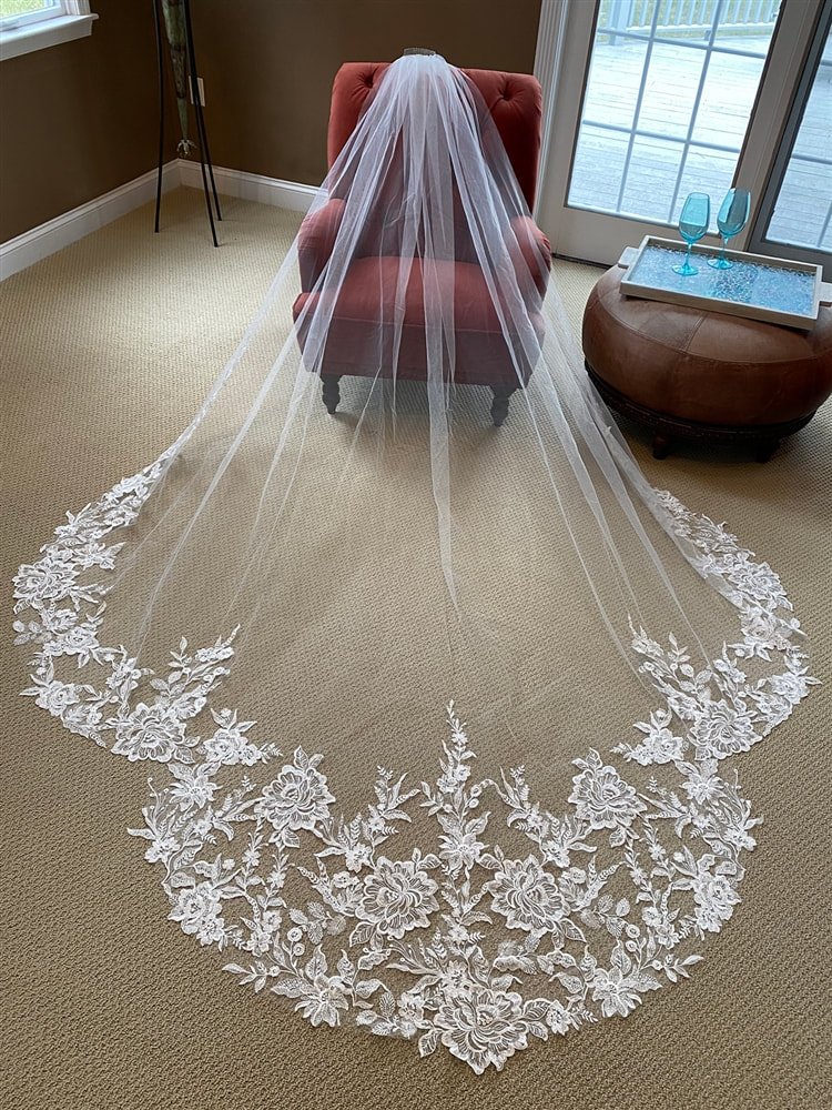 Lace Royal Cathedral Wedding Veil with Heavy Rhinestone Scatter Cf250