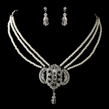 Silver Ivory Pearl & Rhinestone Necklace & Earrings Jewelry Set 1854