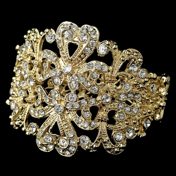 Light Gold Clear Rhinestone Heart Cuff Bracelet