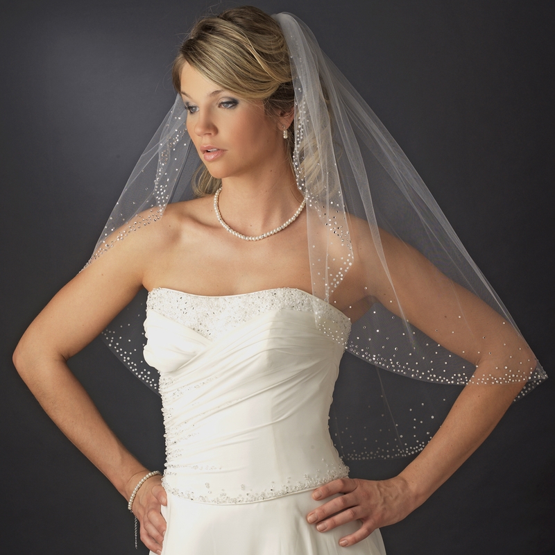 1 Layer Bridal White Ivory Elbow Length Pearl Crystal Cut Edge Wedding Veil 