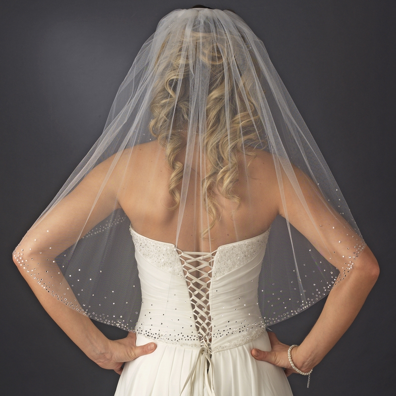 White/Ivory 1-Layer  Elbow Length Rhinestone Edge Wedding Bridal Veil With Comb 